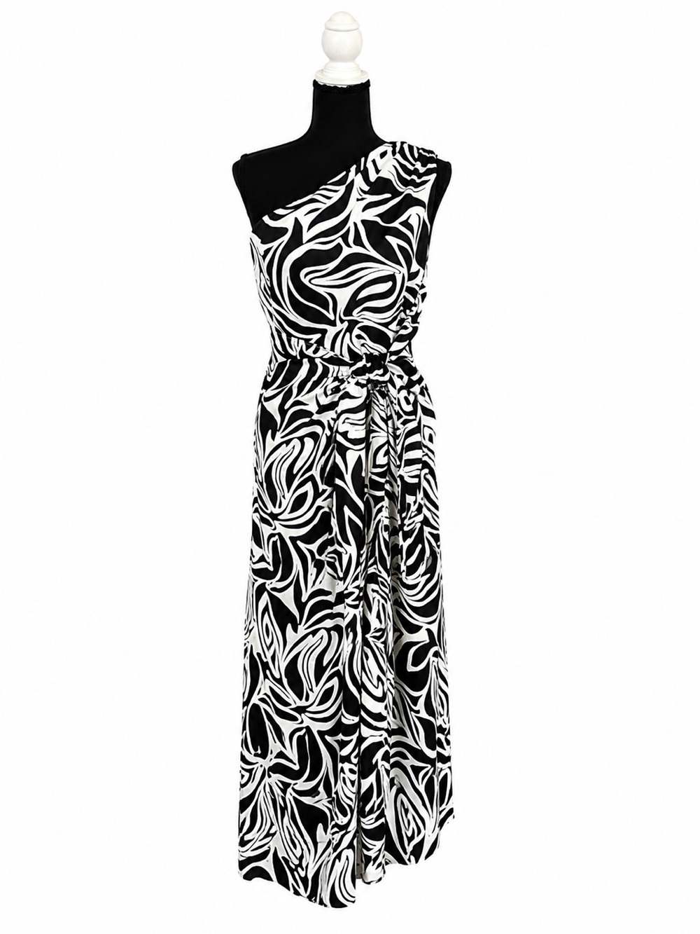 Donna Morgan One-Shoulder Black & White Swirl Maxi Dress